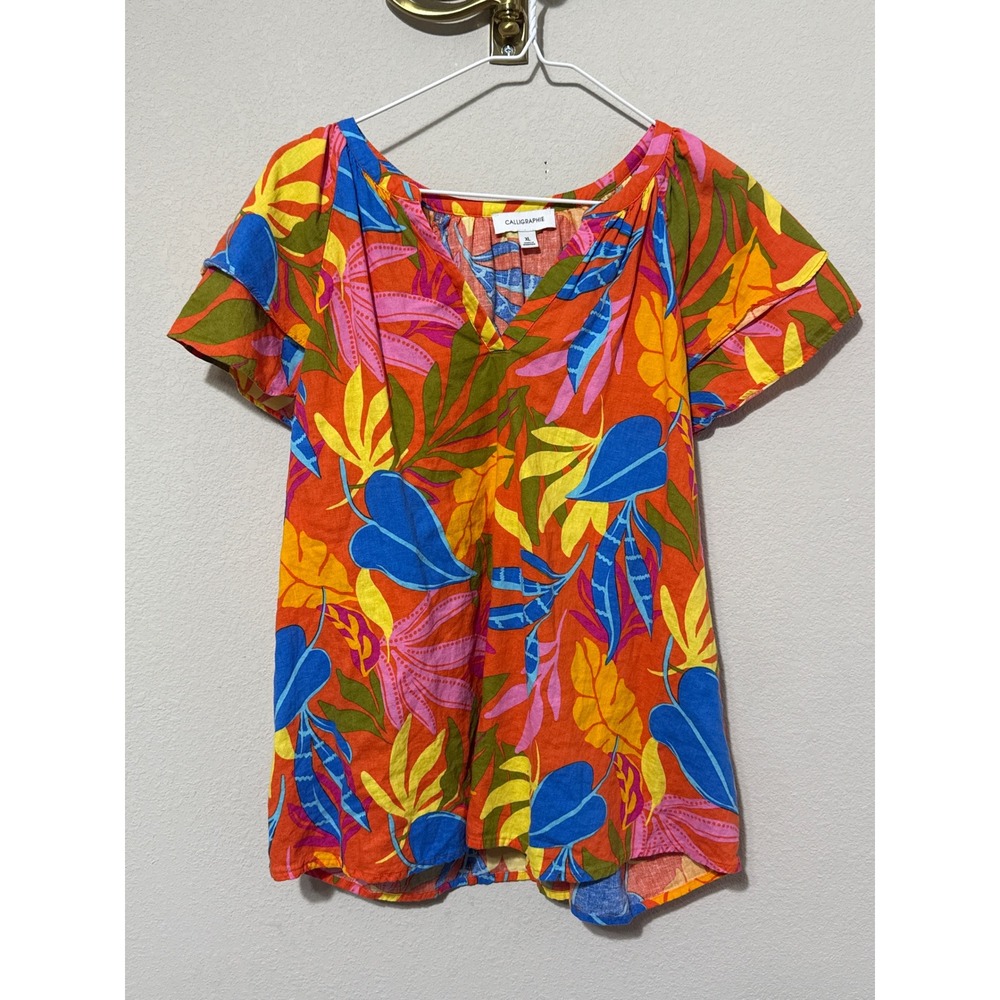 Calligraphie Tropical Leaf Blouse Women XL Orange Linen Blend Flutter Sleeve